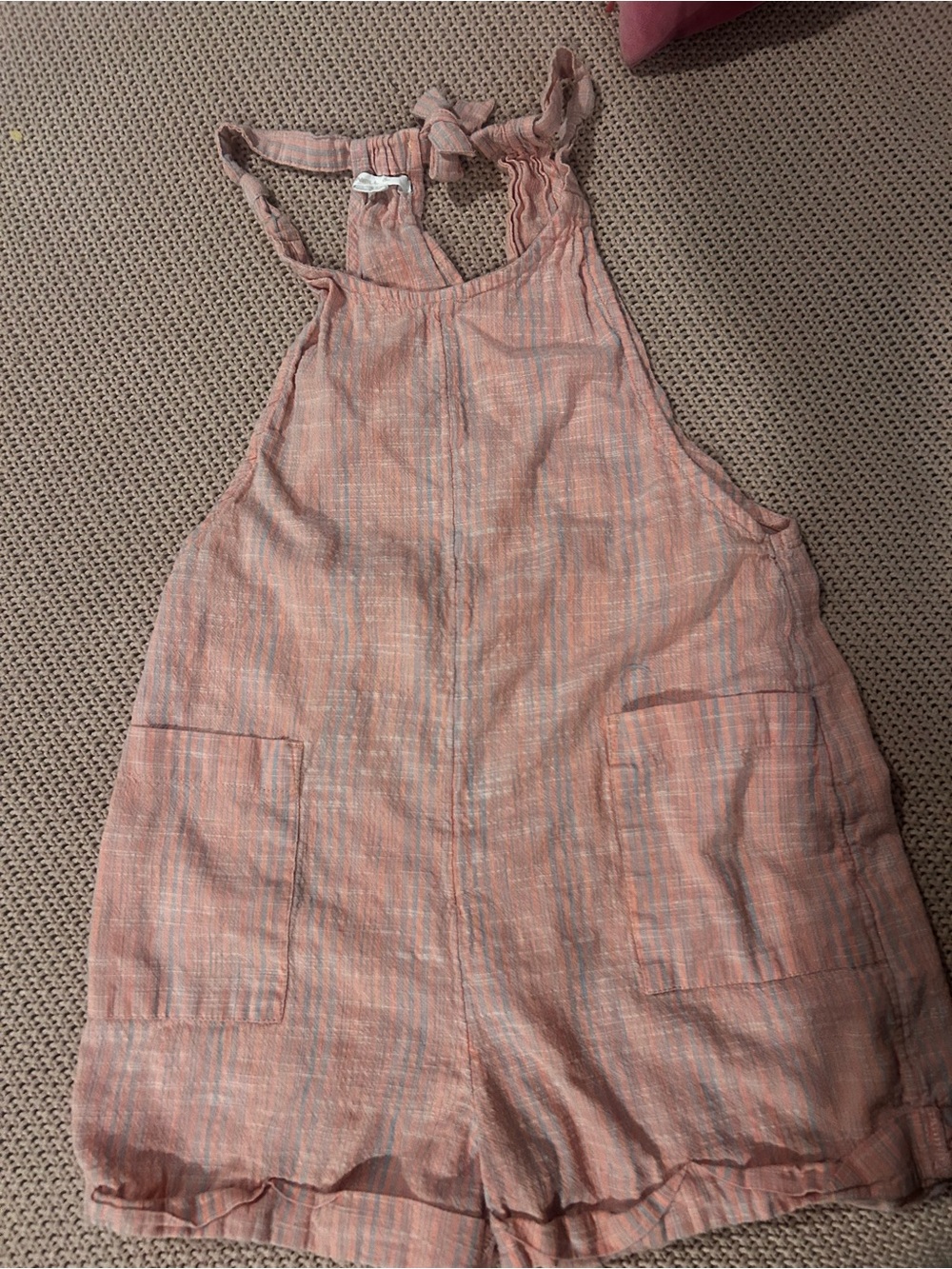 O’Neill Girls Striped Romper Size S Coral Gray Tie Back Pocket Shortall